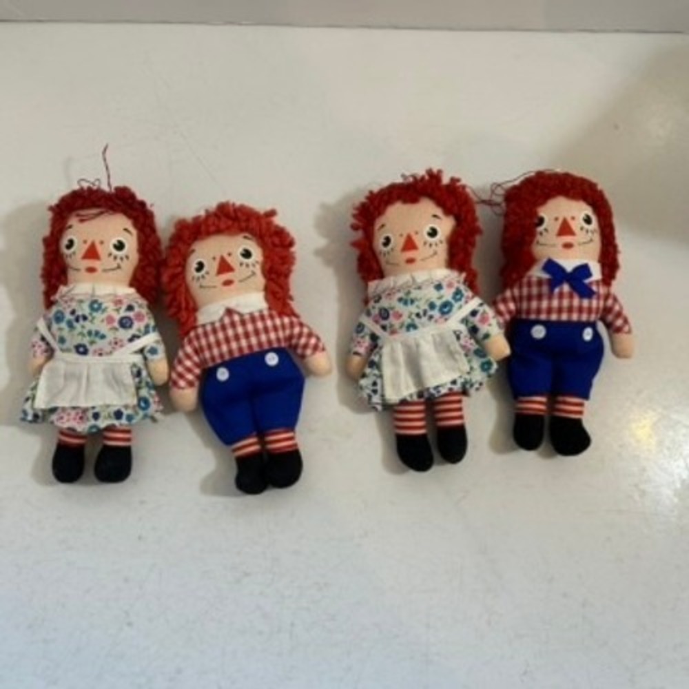 Vintage Raggedy Ann and Andy Plush Doll Ornaments Set of 4 Red Yarn Hair 7 Inch